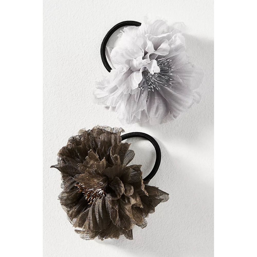 Set of 2 Anthropologie‎ Fabric Flower Hair Ties - Gray & Brown/Green
